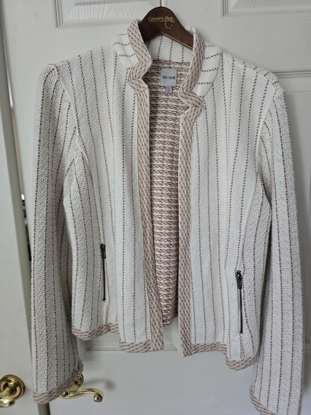 NIC+ZOE Cream Pinstripe Knit Zip Jacket